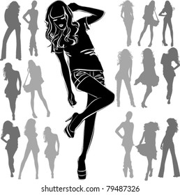 A lot of vector black silhouettes of beautiful womans on white background