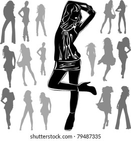 A lot of vector black silhouettes of beautiful womans on white background