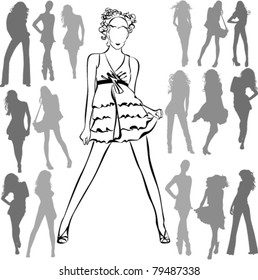 A lot of vector black silhouettes of beautiful womans on white background
