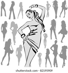 A lot of vector black silhouettes of beautiful womans on white background