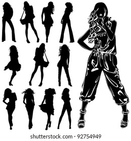 A lot of vector black silhouettes of beautiful womans on white background
