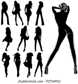 A lot of vector black silhouettes of beautiful womans on white background