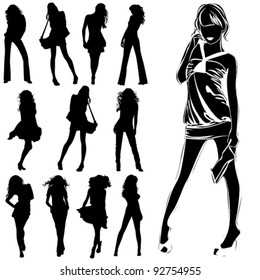 A lot of vector black silhouettes of beautiful womans on white background