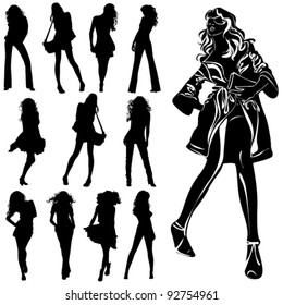A lot of vector black silhouettes of beautiful womans on white background