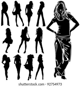 A lot of vector black silhouettes of beautiful womans on white background
