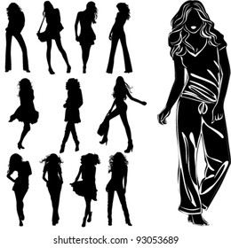 A lot of vector black silhouettes of beautiful womans on white background