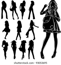 A lot of vector black silhouettes of beautiful womans on white background