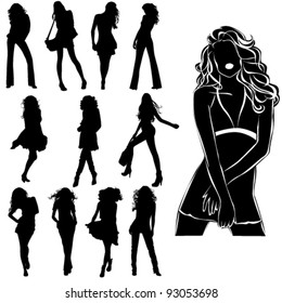 A lot of vector black silhouettes of beautiful womans on white background