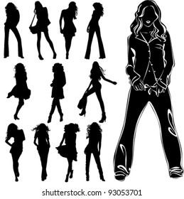 A lot of vector black silhouettes of beautiful womans on white background