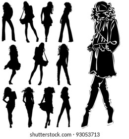 A lot of vector black silhouettes of beautiful womans on white background