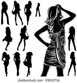 A lot of vector black silhouettes of beautiful womans on white background