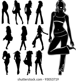 A lot of vector black silhouettes of beautiful womans on white background