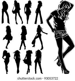 A lot of vector black silhouettes of beautiful womans on white background