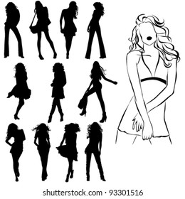 A lot of vector black silhouettes of beautiful womans on white background