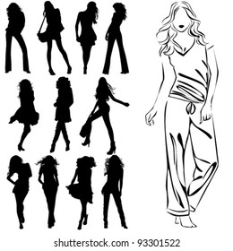 A lot of vector black silhouettes of beautiful womans on white background