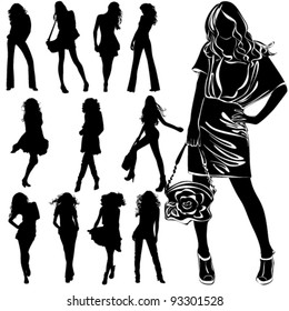 A lot of vector black silhouettes of beautiful womans on white background