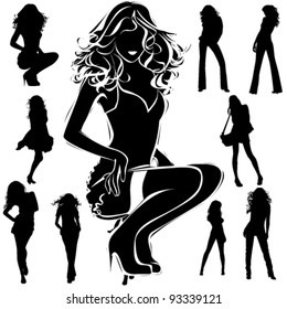 A lot of vector black silhouettes of beautiful womans on white background