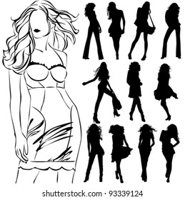 A lot of vector black silhouettes of beautiful womans on white background