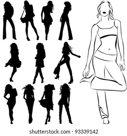 A lot of vector black silhouettes of beautiful womans on white background