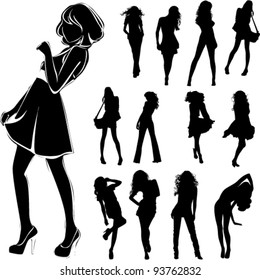 A lot of vector black silhouettes of beautiful womans on white background