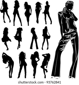 A lot of vector black silhouettes of beautiful womans on white background