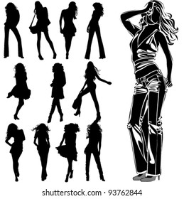 A lot of vector black silhouettes of beautiful womans on white background