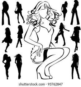 A lot of vector black silhouettes of beautiful womans on white background