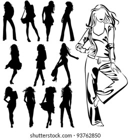 A lot of vector black silhouettes of beautiful womans on white background