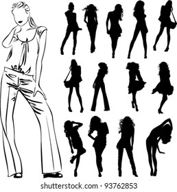 A lot of vector black silhouettes of beautiful womans on white background