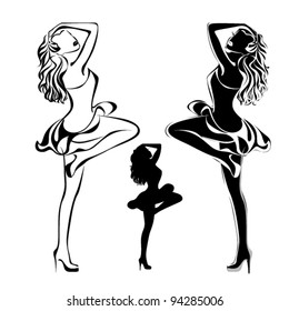 A lot of vector black silhouettes of beautiful womans on white background