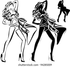 A lot of vector black silhouettes of beautiful womans on white background