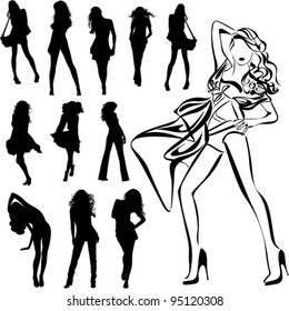A lot of vector black silhouettes of beautiful womans on white background