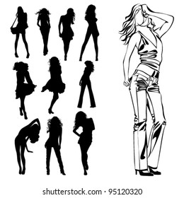 A lot of vector black silhouettes of beautiful womans on white background