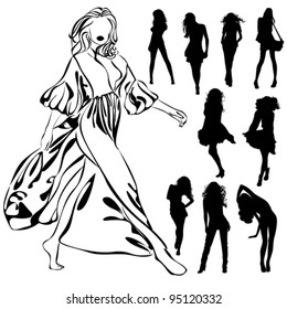 A lot of vector black silhouettes of beautiful womans on white background