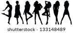 A lot of vector black silhouettes of beautiful women on white background
