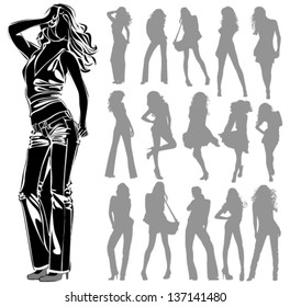 Vector black silhouettes of beautiful women isolated on white background