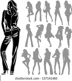 Vector black silhouettes of beautiful women isolated on white background