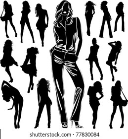 A lot of vector black silhouettes of beautiful women on white background