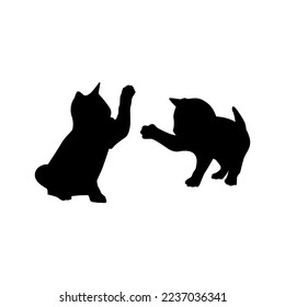 Vector black silhouettes of cats shaking hands, vector illustration of pets.