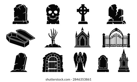 Vector black silhouettes of cemetery elements including cracked gravestones coffin skeletal hand mausoleum crypt angel statue and gothic iron gates. vector illustration