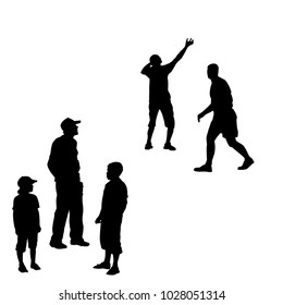 Vector black silhouettes of children and people standing sideways or in motion in motion.