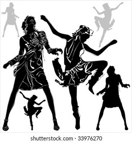 A lot of vector black silhouettes of dancing beautiful womans on white background