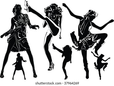 A lot of vector black silhouettes of dancing beautiful womans on white background