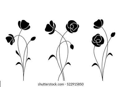 Vector black silhouettes of flowers isolated on a white background.