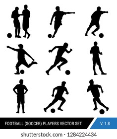 Vector black silhouettes of football players on white background.Graphic simplified style. Different silhouettes of football players and football referee. Football vector set.