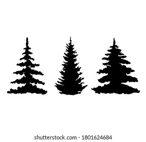 Siluetas negras vectoriales de árboles forestales aisladas en fondo blanco. Pino, árbol de navidad, abeto 