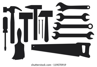 vector black silhouettes of hand tools (hammer, nail, wrench, screwdriver, handsaw, wrench tool or spanner, paint brush)