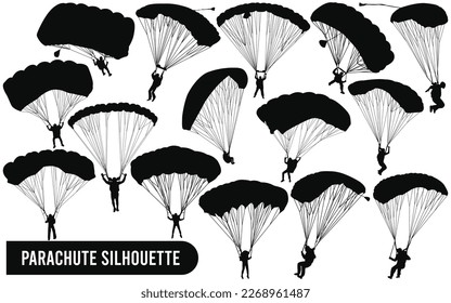 Vector black silhouettes hang glider or parachute skydiving