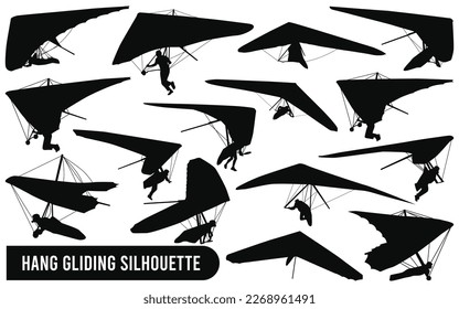 Vector black silhouettes hang glider or parachute skydiving