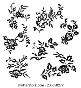 vector black silhouettes isolated with flowers